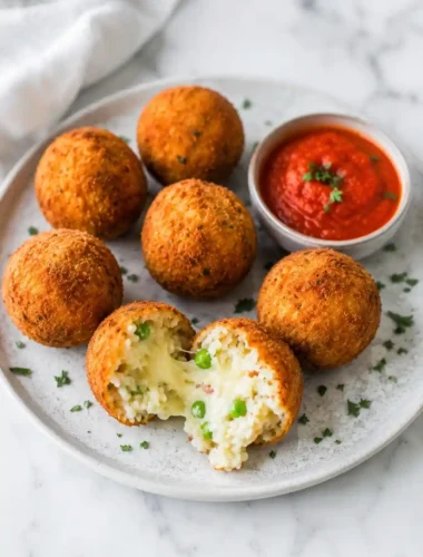 Arancini nach original sizilianischem Rezept mit Mozzarella-Füllung, Erbsen und Tomatensoße auf einem Teller