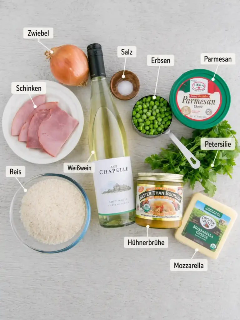 Arancini-Zutaten für sizilianische Reisbällchen mit Reis, Schinken, Erbsen, Parmesan, Mozzarella und Weißwein