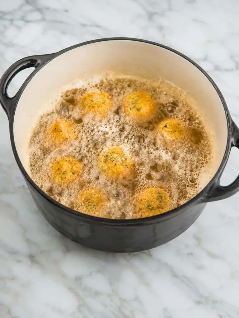 Arancini di Riso werden in heißem Öl goldbraun frittiert – knusprige sizilianische Reisbällchen