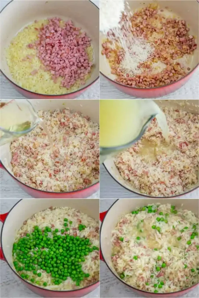 Zubereitung von Arancini mit Zwiebeln, Schinken, Reis, Weißwein, Hühnerbrühe und Erbsen im Kochtopf