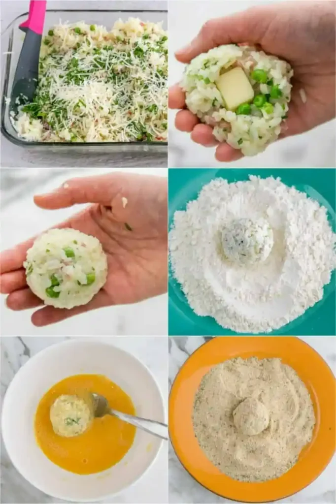 Arancini formen und panieren mit Mozzarella-Füllung, Mehl, Ei und Semmelbröseln für sizilianische Reisbällchen