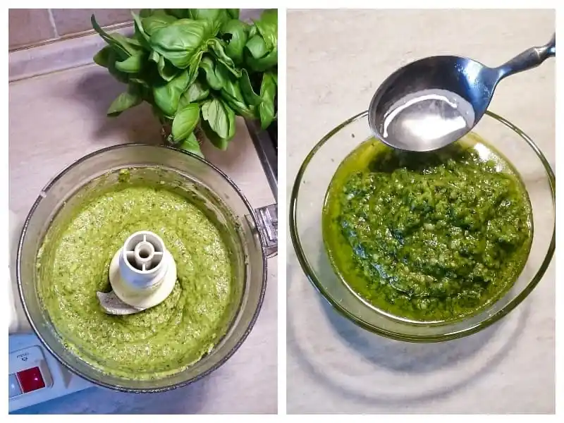 Cremig gemixtes Basilikum-Pesto im Mixer und fertiges grünes Pesto Genovese in einer Glasschale mit Löffel.