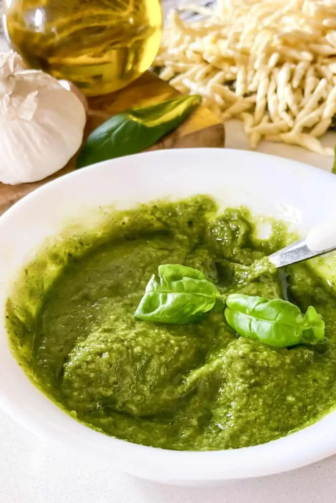 Selbst gemachtes grünes Basilikum-Pesto Genovese in einer weißen Schale mit frischen Basilikumblättern, Knoblauch, Olivenöl und Pasta.