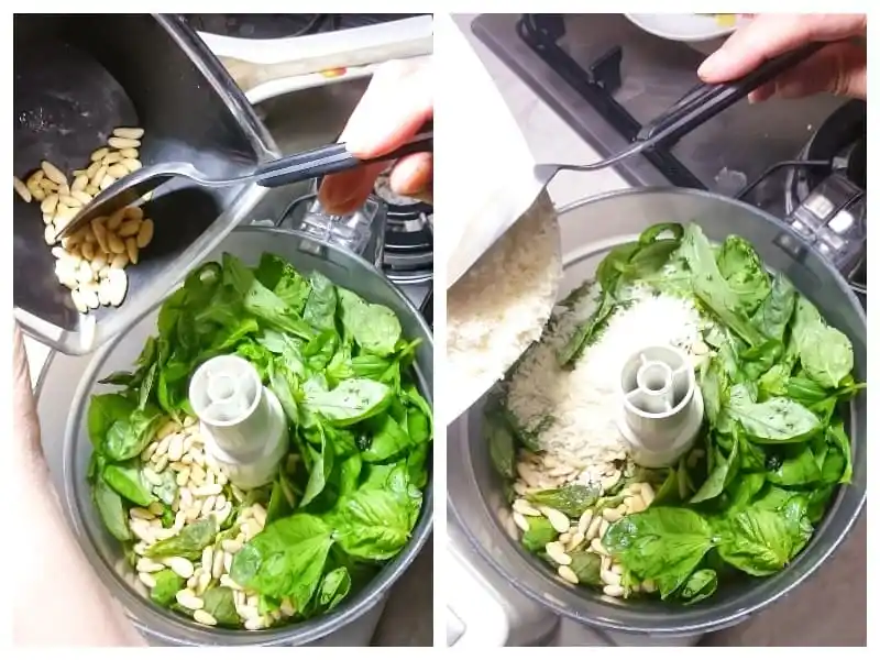 Pinienkerne und geriebener Parmesan werden mit frischem Basilikum in den Mixer gegeben, um Basilikum-Pesto selber zu machen.