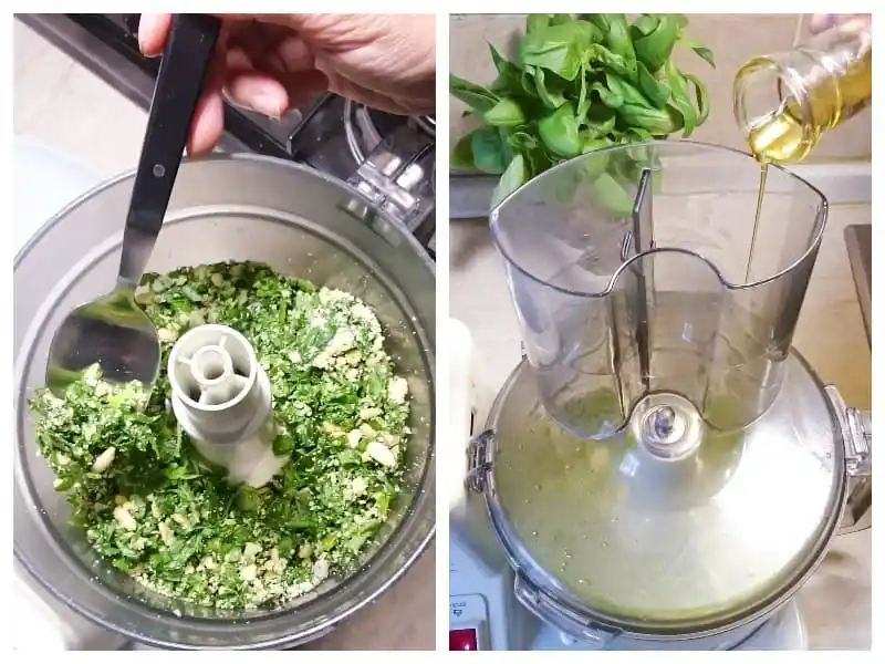 Zerkleinerte Zutaten für Basilikum-Pesto im Mixer und langsames Eingießen von Olivenöl für cremiges Pesto Genovese.