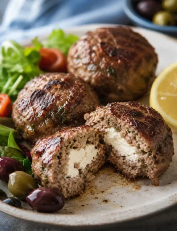 Aufgeschnittene Bifteki mit Schafskäse, griechische Frikadellen mit cremiger Feta-Füllung und Oliven