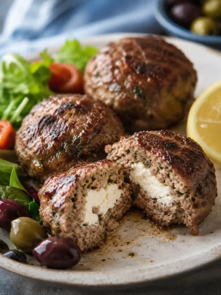 Aufgeschnittene Bifteki mit Schafskäse, griechische Frikadellen mit cremiger Feta-Füllung und Oliven