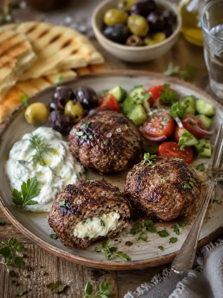 Bifteki mit Schafskäse, Tzatziki und griechischem Salat – saftige griechische Frikadellen mit Feta-Füllung