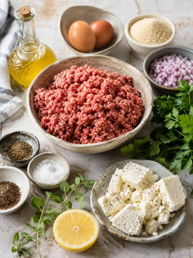 Zutaten für Bifteki mit Schafskäse mit Rinderhackfleisch, Feta, Eiern, Zwiebeln, Kräutern und Gewürzen