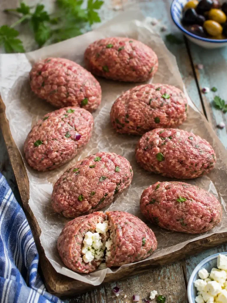 Rohe Bifteki mit Schafskäse und Kräutern, geformte griechische Frikadellen mit sichtbarer Feta-Füllung