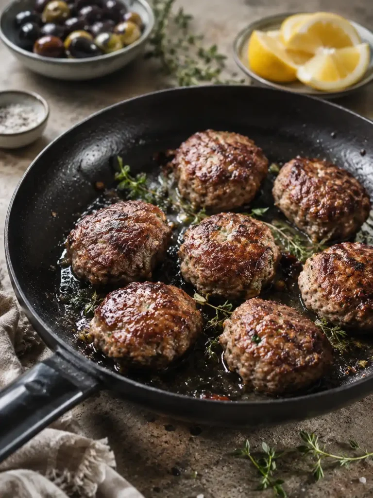 Bifteki mit Schafskäse in der Pfanne, goldbraun gebratene griechische Frikadellen mit Kräutern und Zitrone