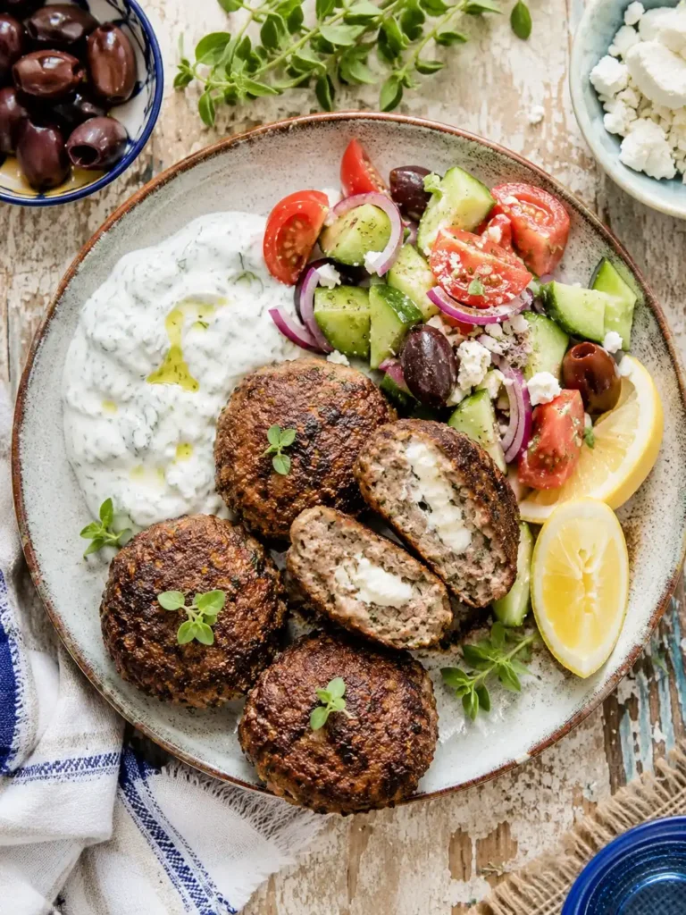 Bifteki mit Schafskäse, griechischem Salat und Tzatziki – griechische Frikadellen nach Originalrezept