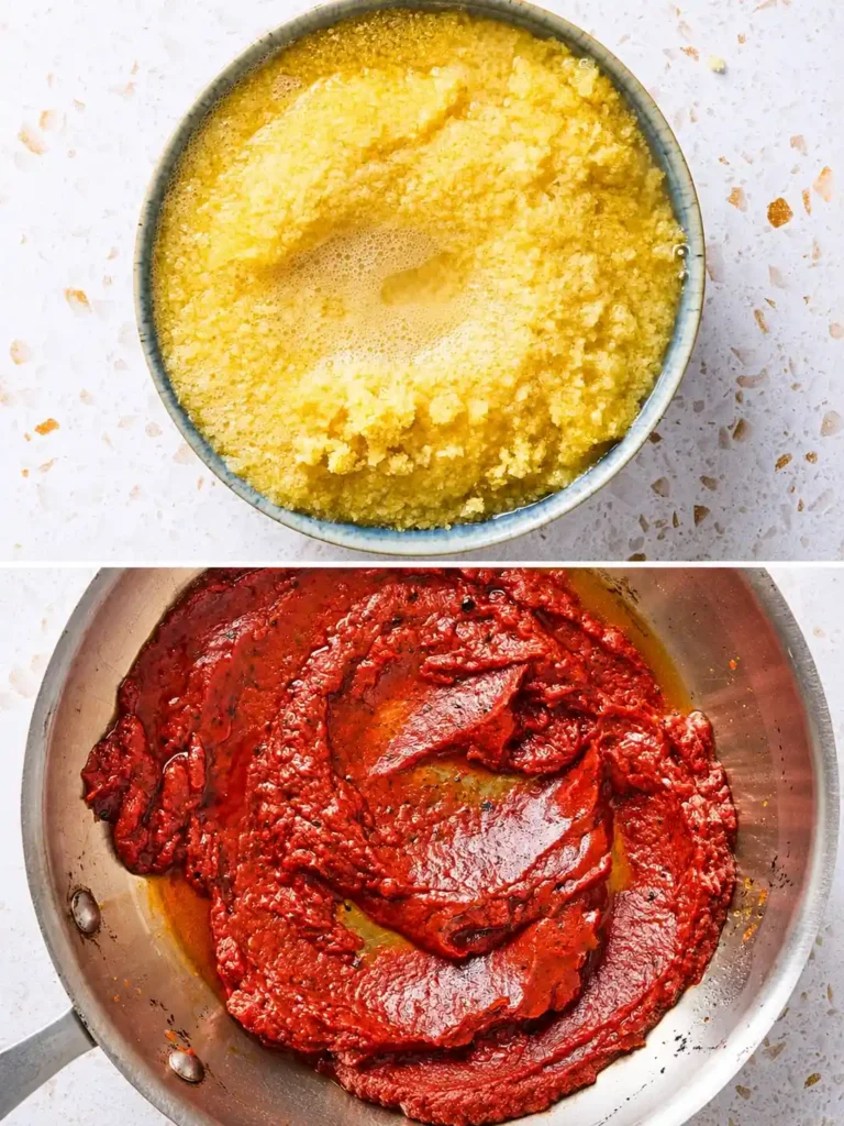 Feiner Bulgur quillt in heißem Wasser, während Tomatenmark und Paprikamark für türkischen Bulgursalat Kısır angerührt werden