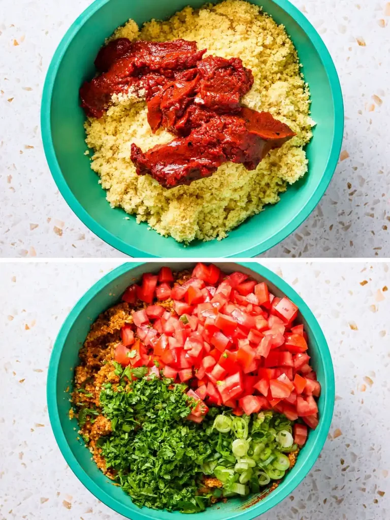 Würzpaste wird mit feinem Bulgur vermischt, danach kommen Tomaten, Petersilie und Frühlingszwiebeln zum türkischen Bulgursalat Kısır