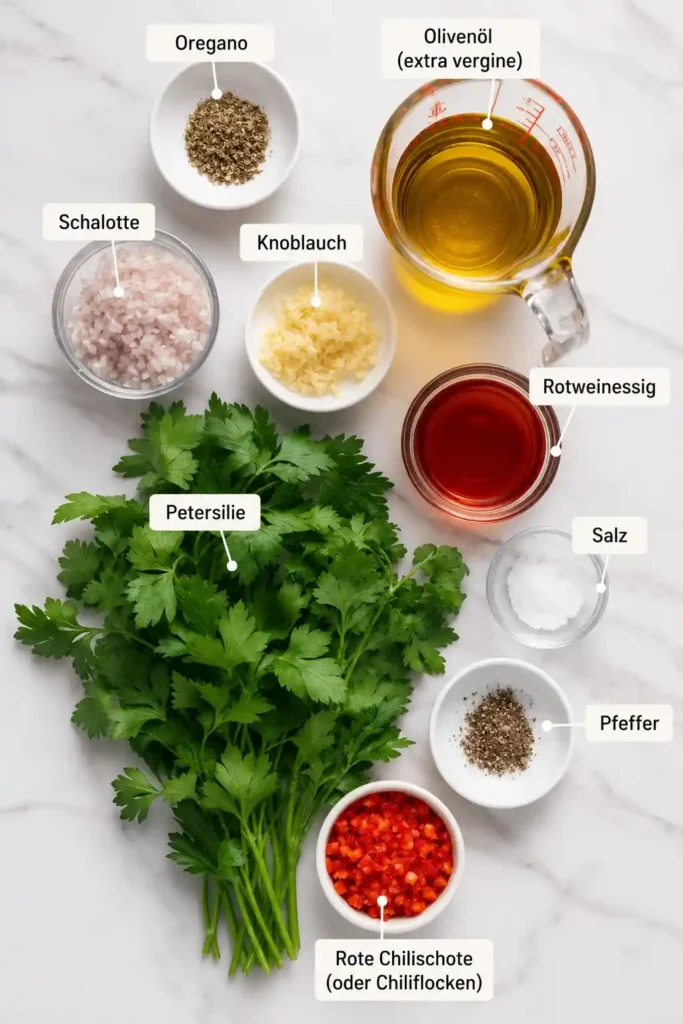 Chimichurri-Zutaten mit Petersilie, Knoblauch, Oregano, Schalotte, Chili, Rotweinessig und Olivenöl