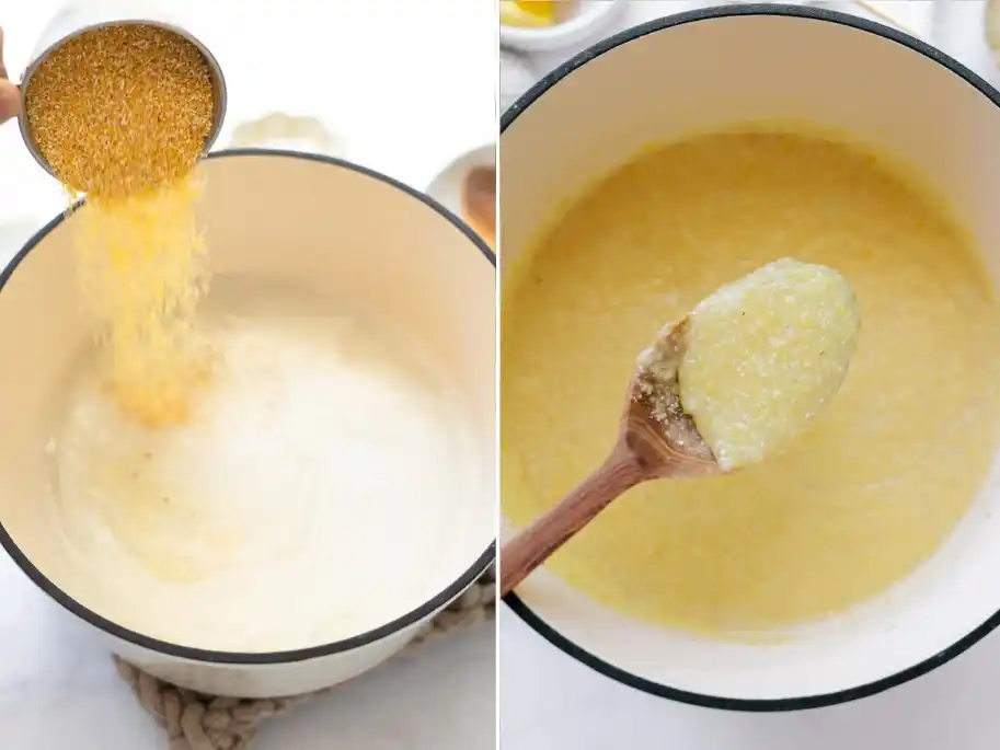 Maisgrieß langsam in heiße Milch einrieseln lassen und zu cremiger Polenta kochen