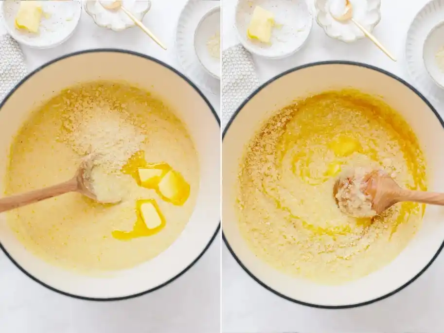 Butter und Parmesan in gekochte Polenta einrühren, damit die Polenta besonders cremig wird