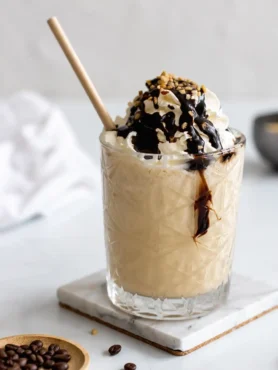 Cremiger Eiskaffee mit Vanilleeis, Schlagsahne, Schokoladensoße und gehackten Nüssen im Glas