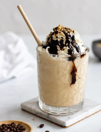 Cremiger Eiskaffee mit Vanilleeis, Schlagsahne, Schokoladensoße und gehackten Nüssen im Glas
