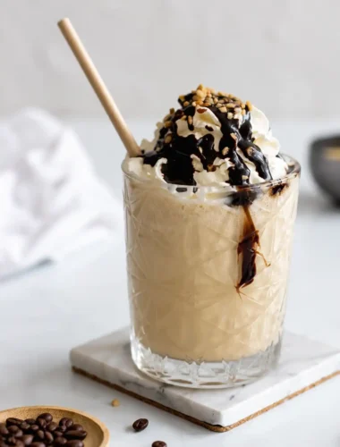 Cremiger Eiskaffee mit Vanilleeis, Schlagsahne, Schokoladensoße und gehackten Nüssen im Glas