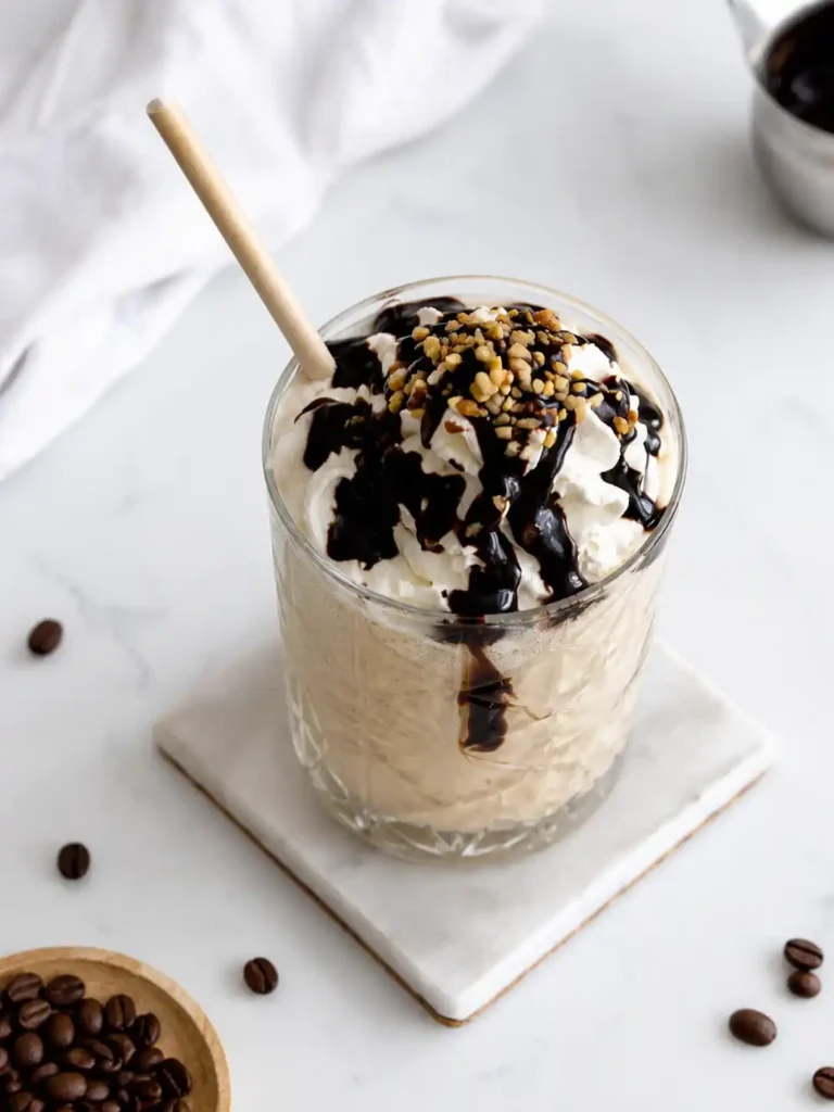 Eiskaffee mit Vanilleeis, Schlagsahne, Schokoladensoße und gehackten Nüssen von oben fotografiert