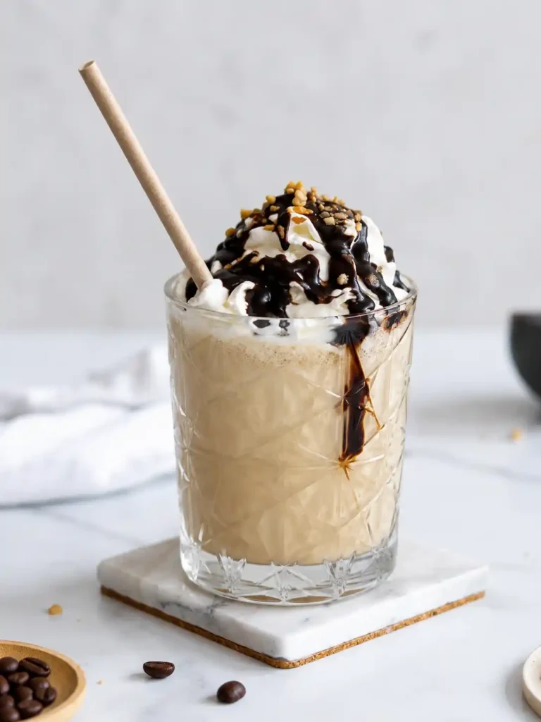 Cremiger Eiskaffee mit Vanilleeis, Schlagsahne, Schokoladensoße und Nusstopping im hohen Glas