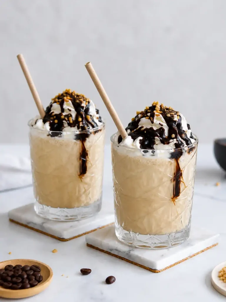 Zwei cremige Eiskaffees mit Vanilleeis, Schlagsahne, Schokoladensoße und gehackten Nüssen