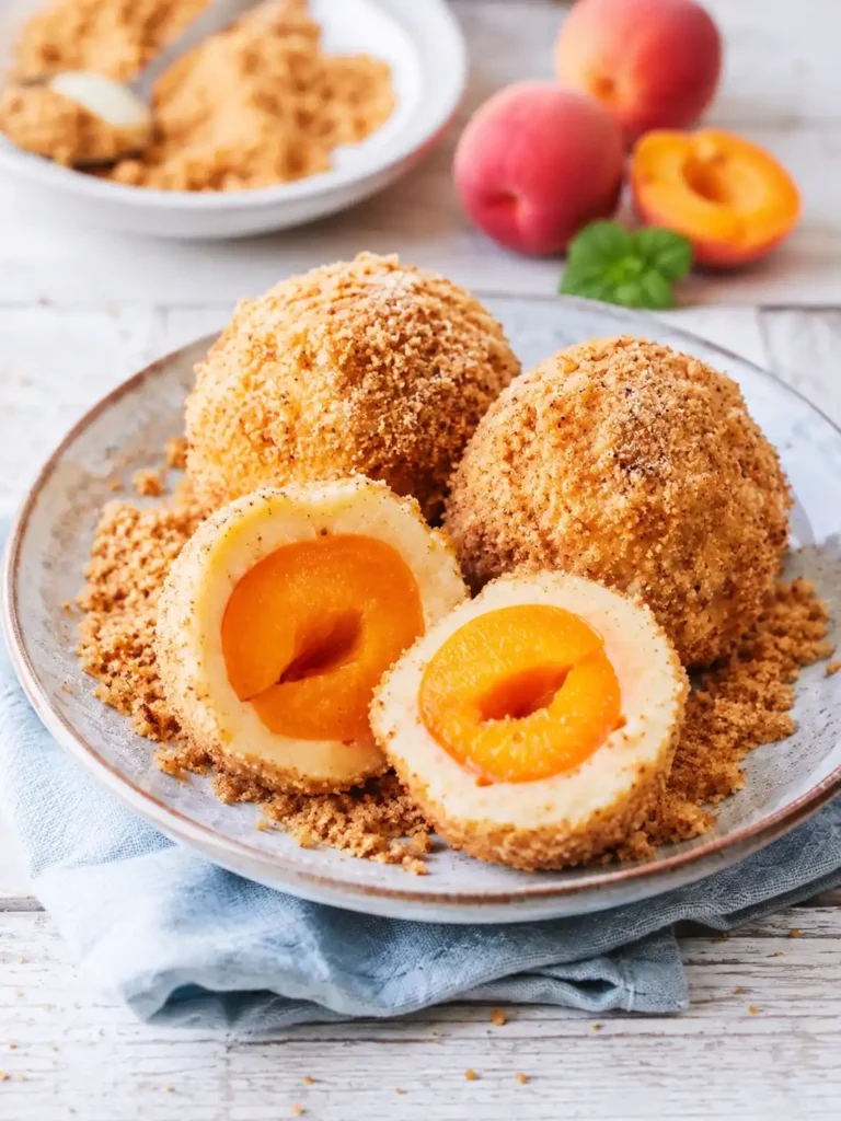 Marillenknödel mit Topfenteig, saftiger Marillenfüllung und goldbraunen Butterbröseln