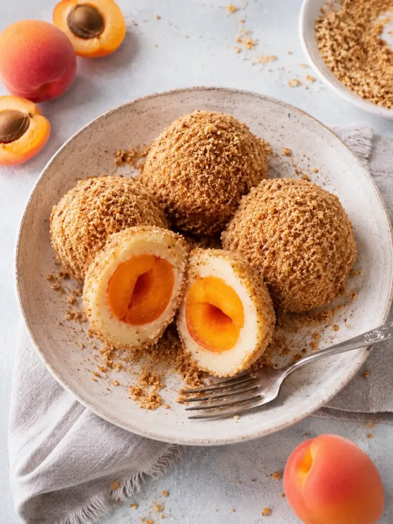 Marillenknödel mit Topfenteig und Marillenfüllung in goldbraunen Butterbröseln