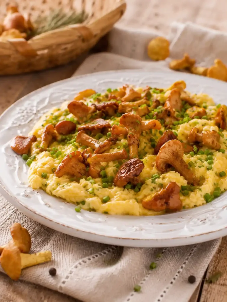 Pfifferlinge mit Ei aus seitlicher Perspektive mit cremigem Rührei, gebratenen Pfifferlingen und Schnittlauch