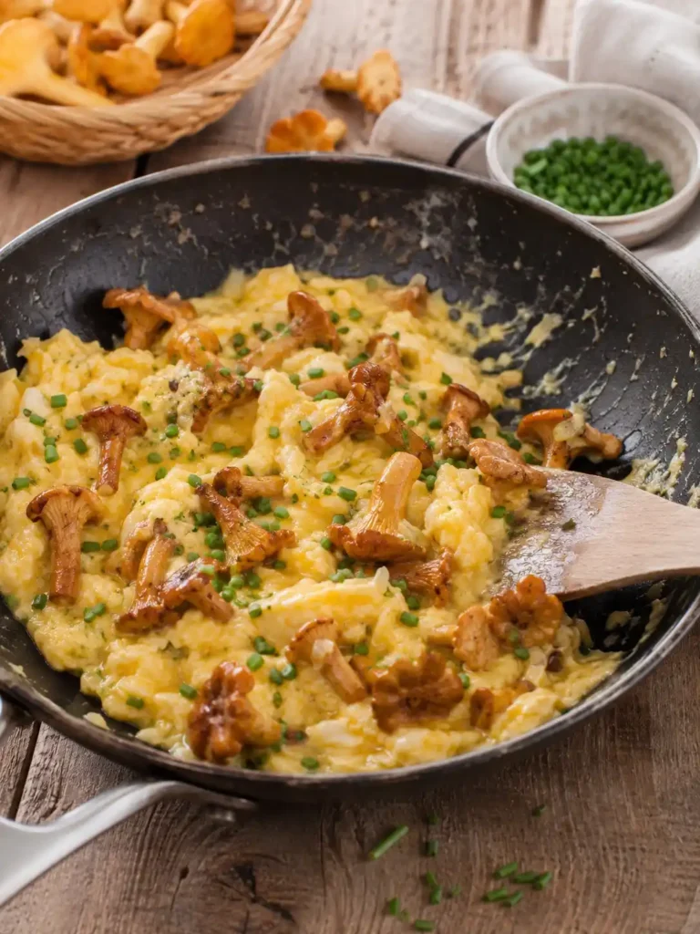 Pfifferlinge mit Ei in der Pfanne mit cremigem Rührei, gebratenen Pfifferlingen und Schnittlauch