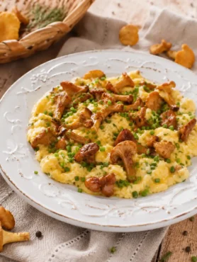 Pfifferlinge mit Ei und cremigem Rührei, gebraten mit Butter und frischem Schnittlauch