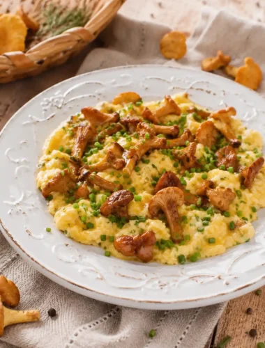 Pfifferlinge mit Ei und cremigem Rührei, gebraten mit Butter und frischem Schnittlauch