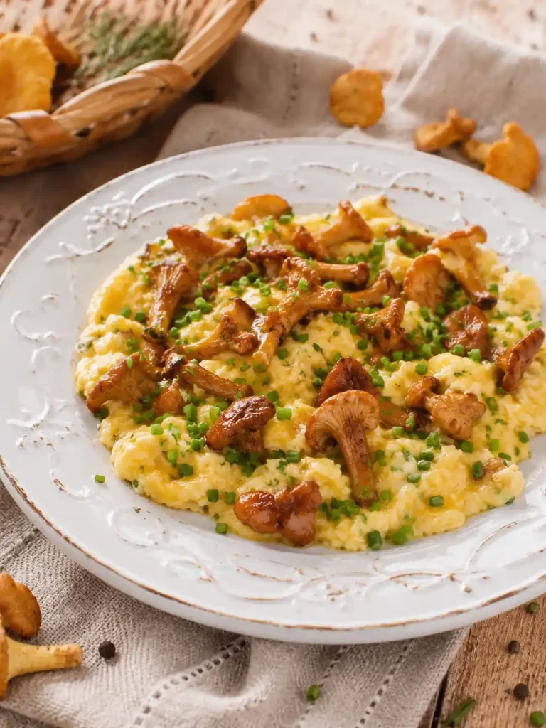 Pfifferlinge mit Ei und cremigem Rührei, gebraten mit Butter und frischem Schnittlauch