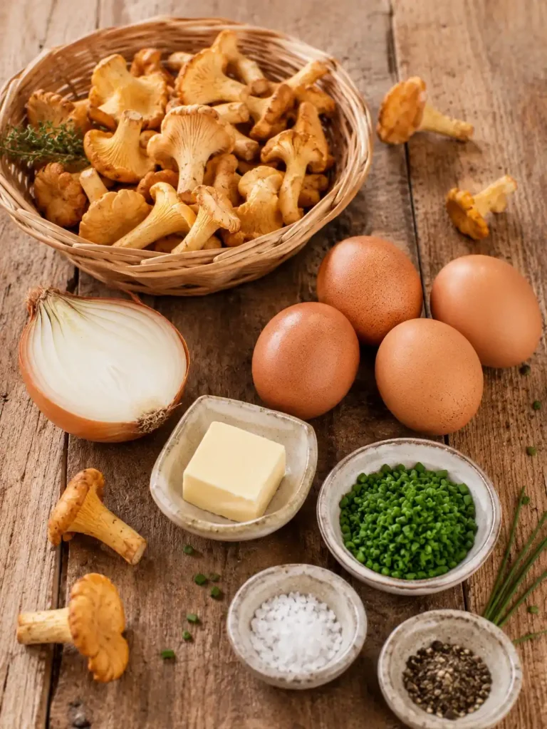 Zutaten für Pfifferlinge mit Ei mit frischen Pfifferlingen, Eiern, Zwiebel, Butter und Schnittlauch