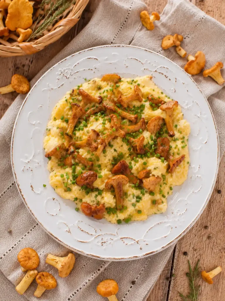 Pfifferlinge mit Ei von oben mit cremigem Rührei, gebratenen Pfifferlingen und frischem Schnittlauch