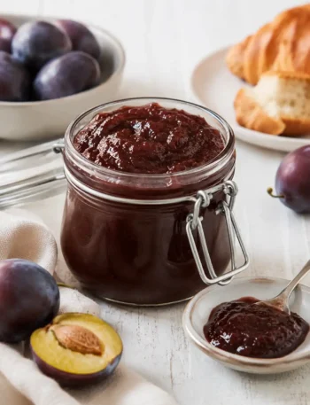 Pflaumenmus im Backofen nach Omas DDR-Rezept im Glas mit frischen Zwetschgen und Croissant