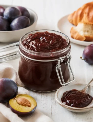 Pflaumenmus im Backofen nach Omas DDR-Rezept im Glas mit frischen Zwetschgen und Croissant
