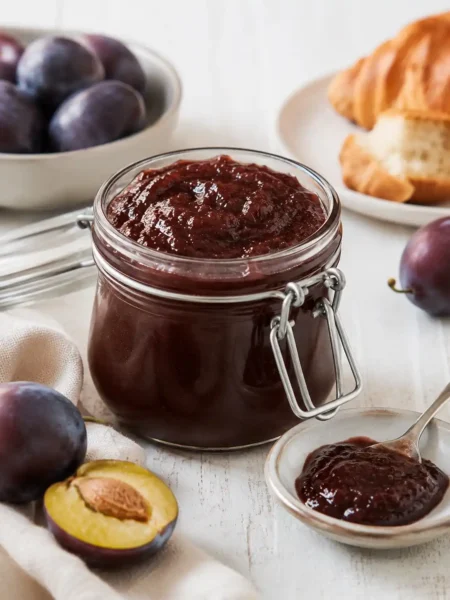 Pflaumenmus im Backofen nach Omas DDR-Rezept im Glas mit frischen Zwetschgen und Croissant