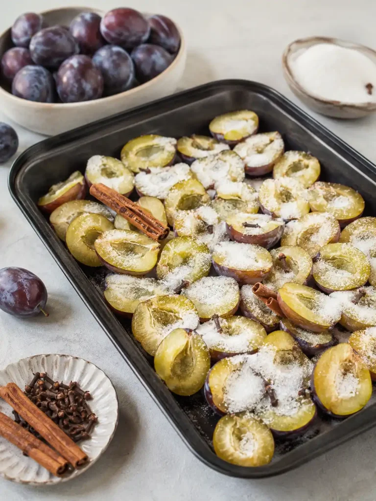 Halbierte Zwetschgen mit Zucker, Zimt und Nelken für Pflaumenmus im Backofen nach Omas DDR-Rezept