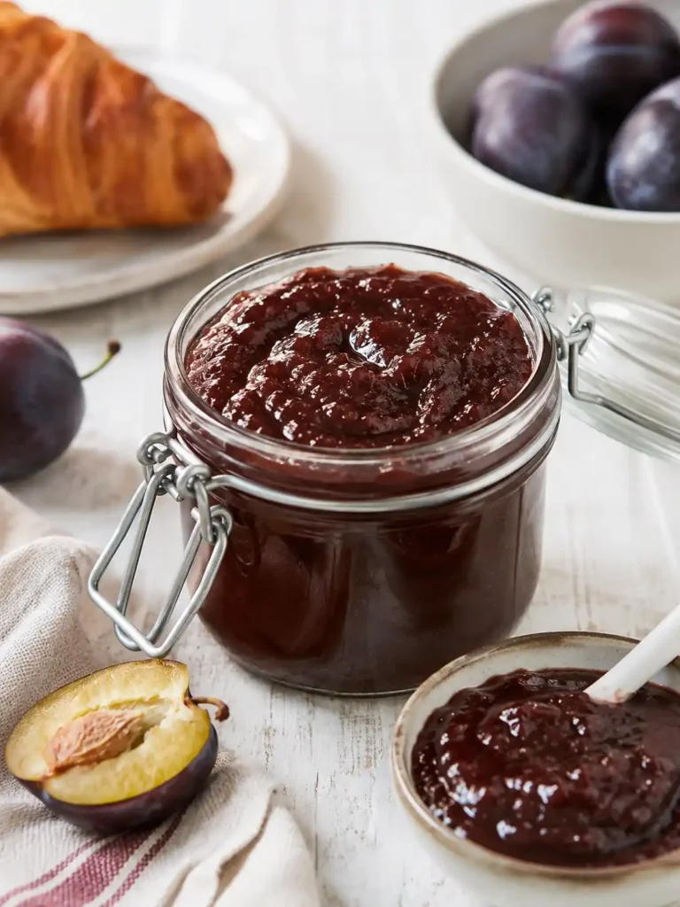 Pflaumenmus im Backofen nach Omas DDR-Rezept im Glas mit frischen Zwetschgen und Croissant