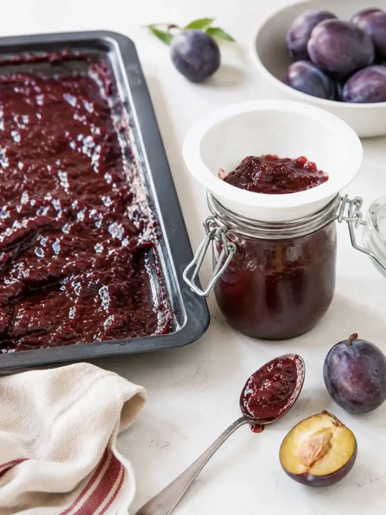 Fertiges Pflaumenmus aus dem Backofen wird nach Omas DDR-Rezept heiß in ein Einmachglas gefüllt