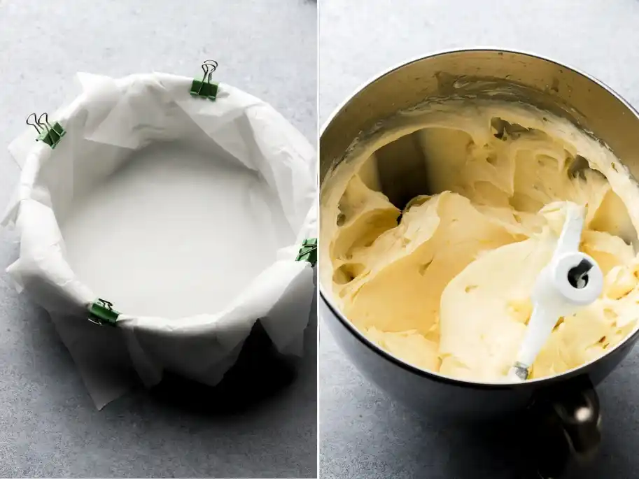 Mit Backpapier ausgelegte Backform und cremige Frischkäsemasse für San Sebastian Cheesecake