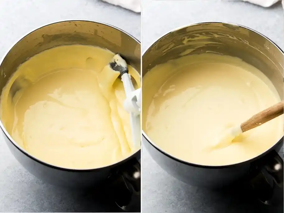 Frischkäsemasse für San Sebastian Cheesecake vor und nach dem glatten Verrühren