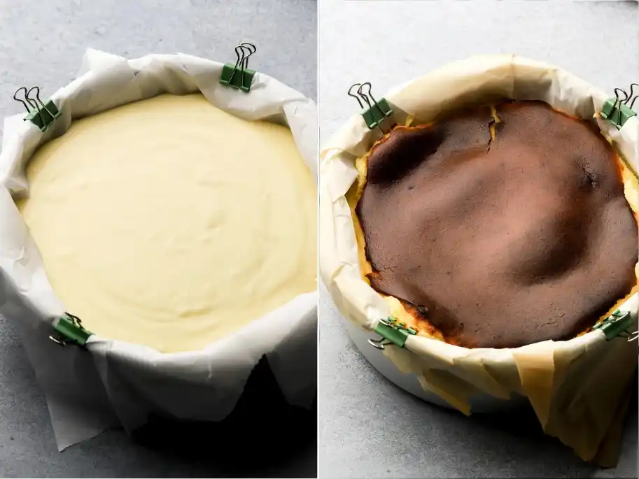 San Sebastian Cheesecake vor und nach dem Backen mit dunkler karamellisierter Oberfläche