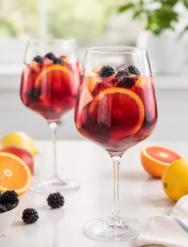 Sangria ohne Alkohol in Weingläsern mit Orangenscheiben, Apfelstücken und Brombeeren