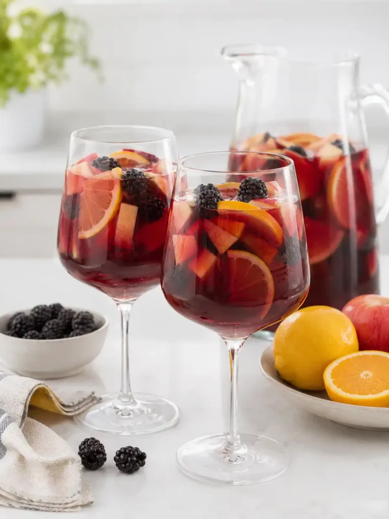 Sangria ohne Alkohol in zwei Weingläsern mit Orange, Apfel und Brombeeren, dazu ein Krug alkoholfreie Sangria