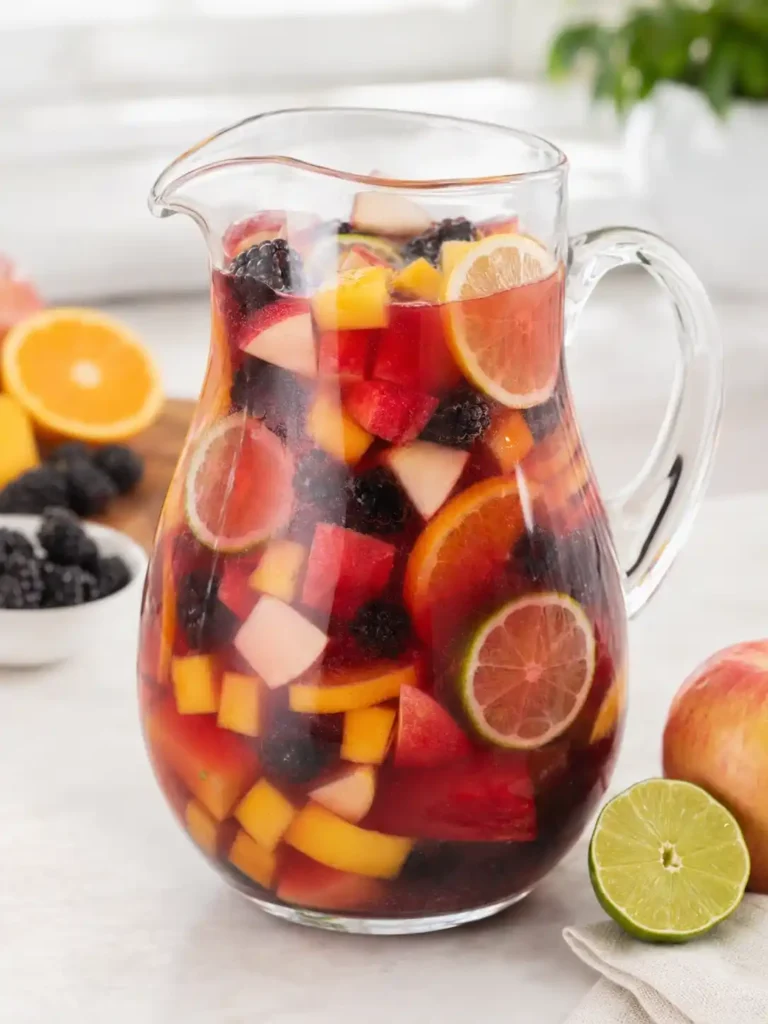 Sangria ohne Alkohol im Glaskrug mit Orange, Limette, Apfel, Mango und Brombeeren
