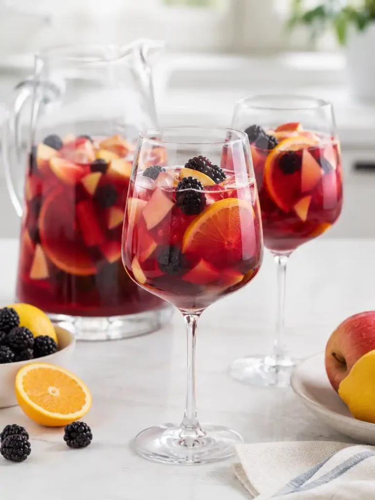 Alkoholfreie Sangria in Weingläsern mit Orange, Apfel und Brombeeren, dazu eine Glaskaraffe mit Sangria ohne Alkohol