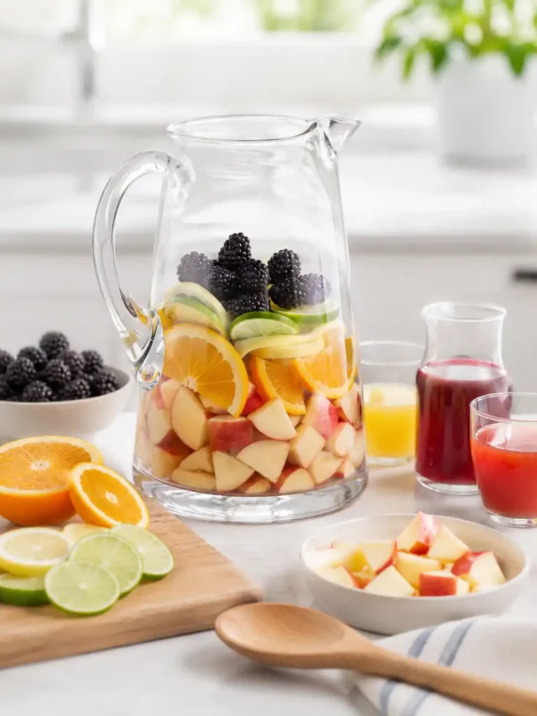 Vorbereitung für Sangria ohne Alkohol mit Apfelstücken, Orangen-, Zitronen- und Limettenscheiben sowie Brombeeren im Glaskrug